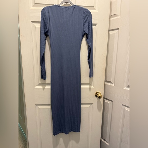 Blue Asymmetrical Wrap Dress with Long Sleeves - Picture 8 of 8